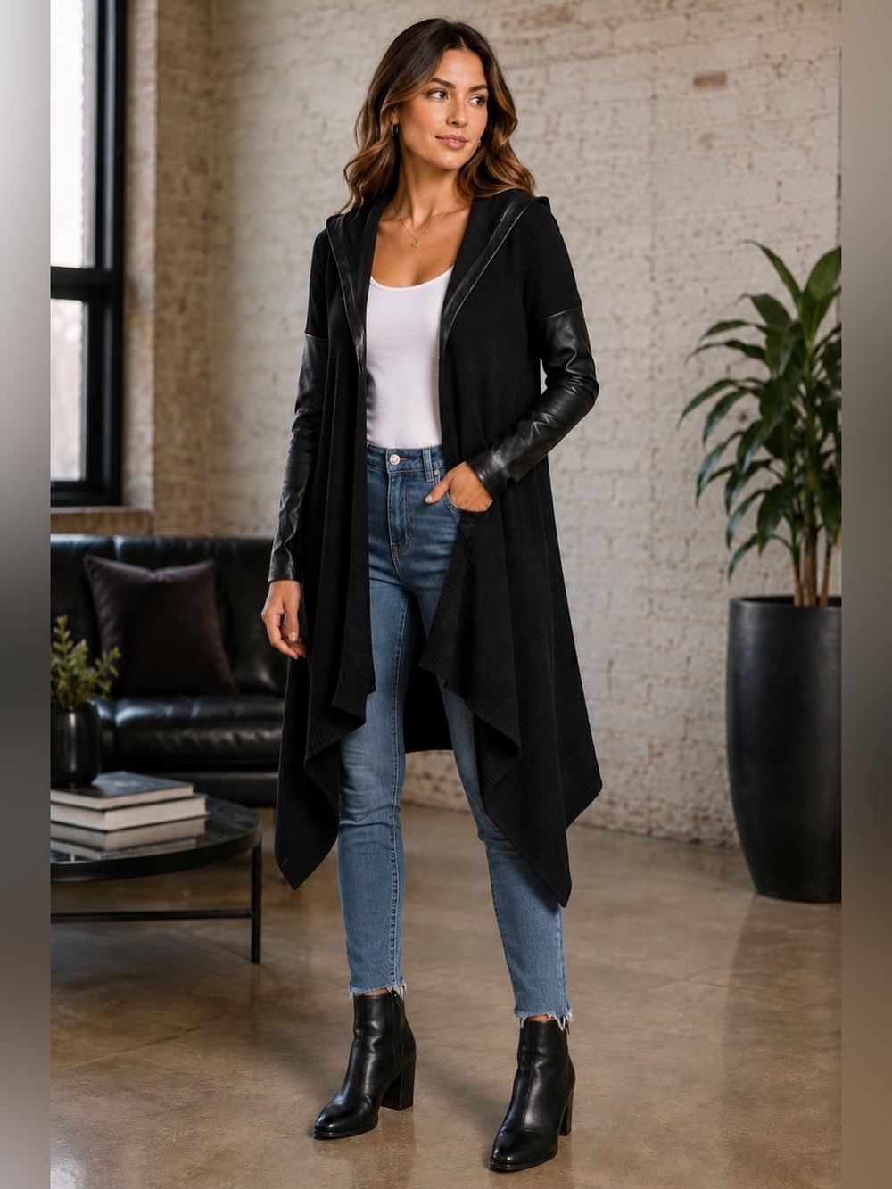 BlankNYC Black Hooded Cardigan Faux Leather Sleeve Duster Sweater M Edgy Moto